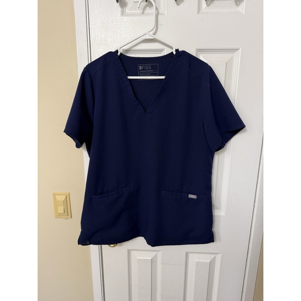 FIGS Womens Scrub Top L Blue V Neck Short Sleeve Pockets Technical Collection